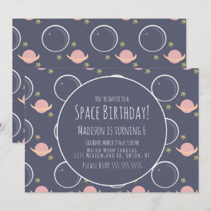 Space Galaxy Pink Mond Folie Sterne Geburtstag Einladung