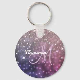 Space Galaxy Rose Gold Glitzer Funkelnd Monogram Schlüsselanhänger