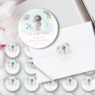 Space Girl Astronaut rosa Raketenstars Kinderdusch Runder Aufkleber