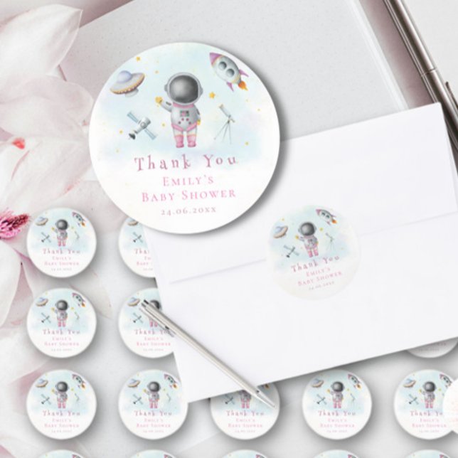 Space Girl Astronaut rosa Raketenstars Kinderdusch Runder Aufkleber (Von Creator hochgeladen)