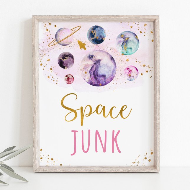 Space Junk Pink Gold Snacks Birthday Sign Poster (Von Creator hochgeladen)