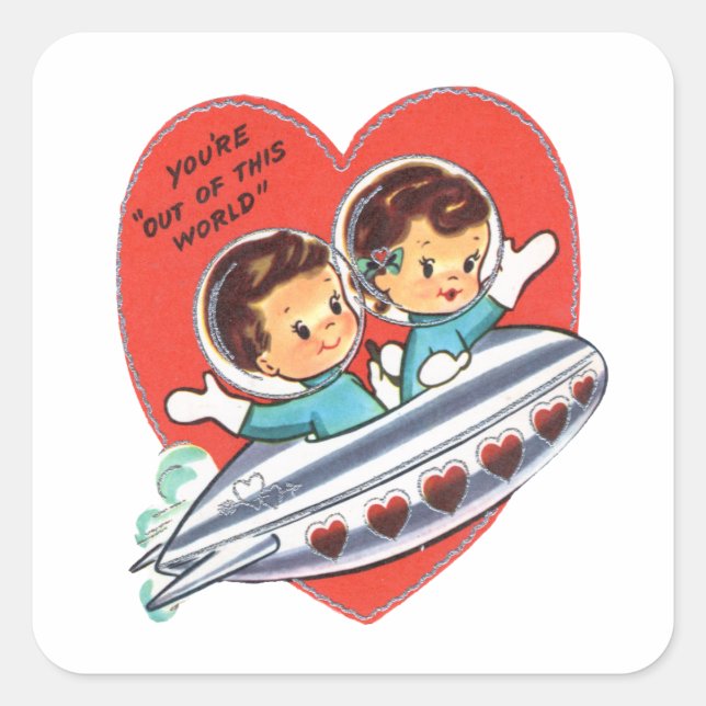 Space Kids Valentine Quadratischer Aufkleber (Vorderseite)