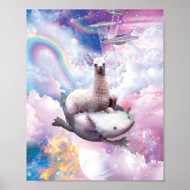 Space Lama Riding Axolotl - Regenbogen Poster (Vorne)