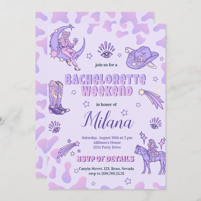 Space Lila Cowgirl Bachelorette Einladung (Vorne/Hinten)