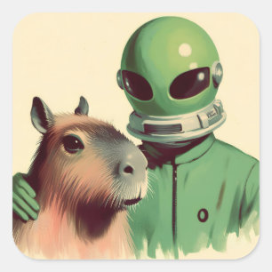 Space Man und Capybara Retro Illustration Vintag Quadratischer Aufkleber