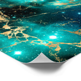 Space Marmor Black Green Starry Night Golden Poster