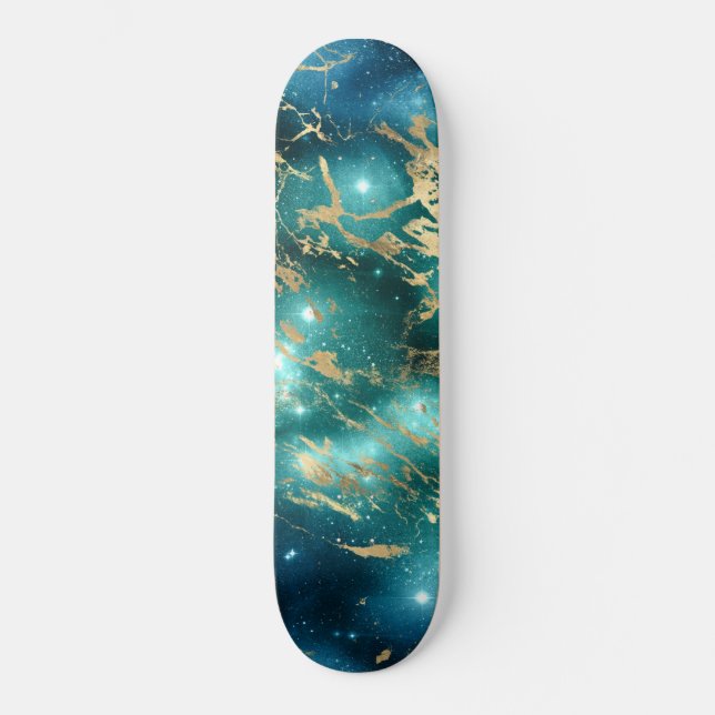 Space Marmor Black Green Starry Night Golden Skateboard (Vorderseite)
