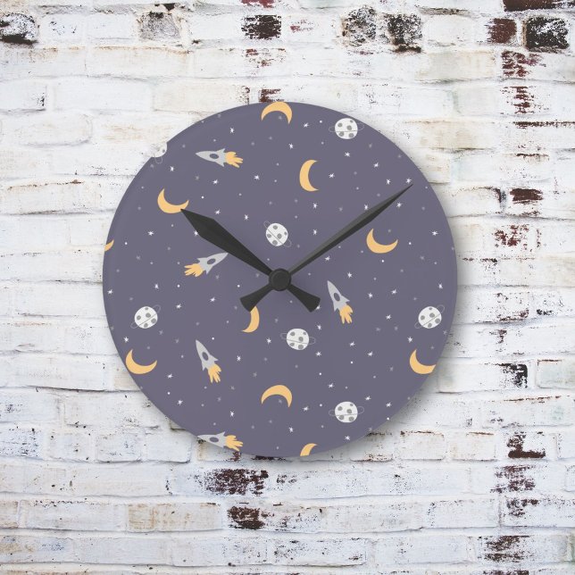 Space Moon Rocket Planet Stars Runde Wanduhr (Von Creator hochgeladen)