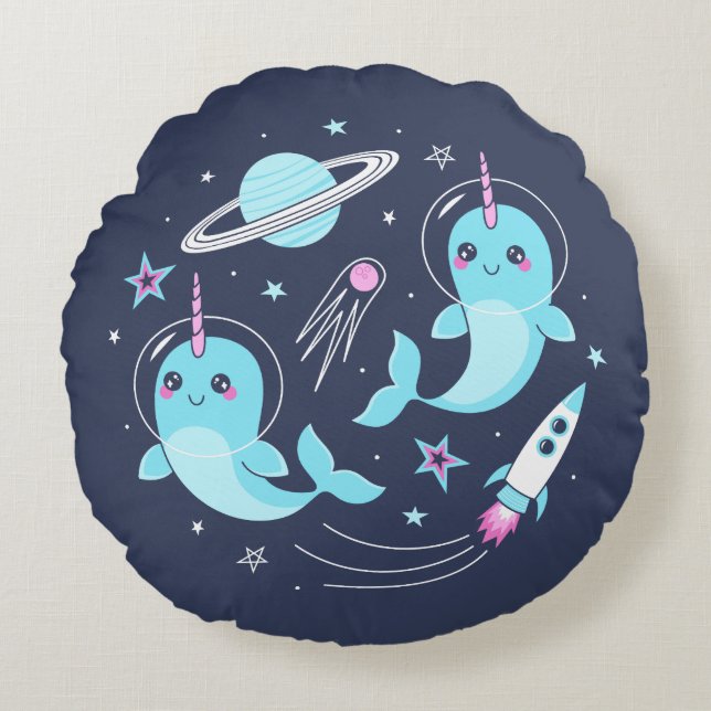 Space Narwhals Rundes Kissen (Vorderseite)