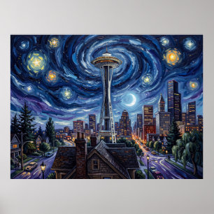 Space Needle Seattle unter sternklarem Nachthimmel Poster