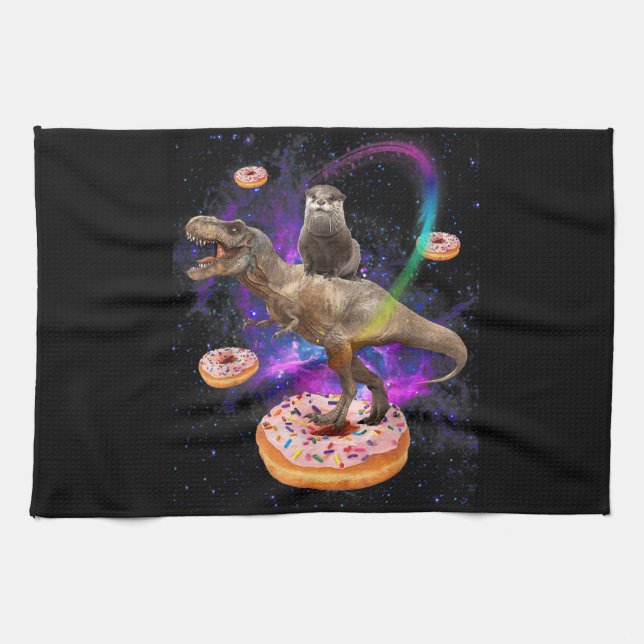 Space Otter Riding Dinosaur T-Rex Donuts Geschirrtuch (Horizontal)