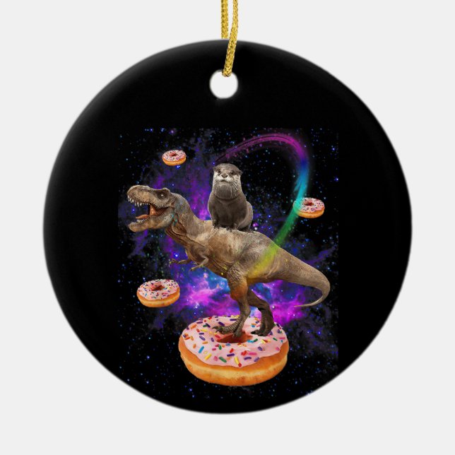 Space Otter Riding Dinosaur T-Rex Donuts Keramik Ornament (Vorne)