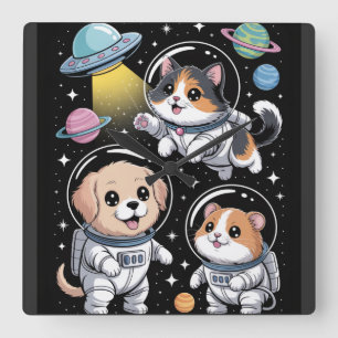 Space Pals - Niedliche Astronauten erkunden Quadratische Wanduhr