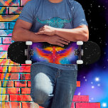 Space Phoenix Nebula Black Starlight Sky Skateboard<br><div class="desc">Fiery Phönix fliegt durch den Weltraum auf einer blauen und lila Nebel-Wolke. Der funkelnde Sternencluster,  der den Kopf des mythischen Vogels krönt,  bildet die Phönix-Konstellation. ♡ Idyllfire</div>
