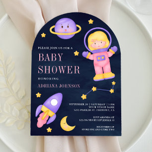 Space Pink Mädchen Astronaut Navy Baby Shower Einladung