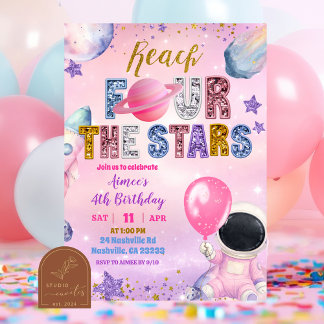  Space Pink Sequin Purple Girl reach FOUR the star Einladung