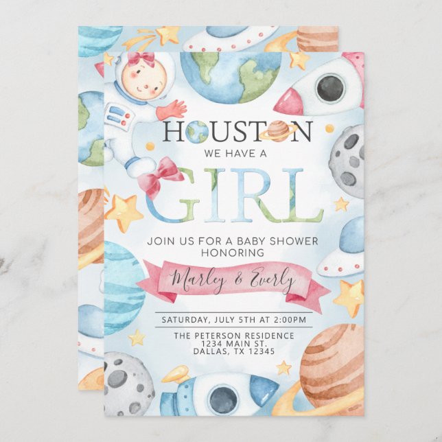 Space Planets Pink Girl Baby Dusche Einladung (Vorne/Hinten)