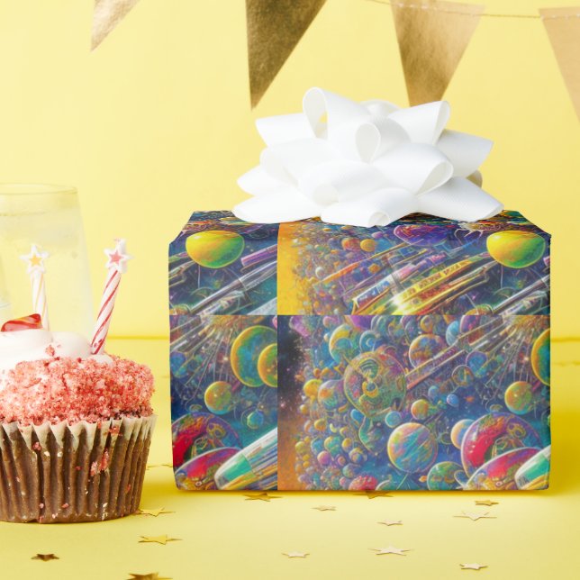 Space Race glänzendes Papier Geschenkpapier (Geburtstagsparty)