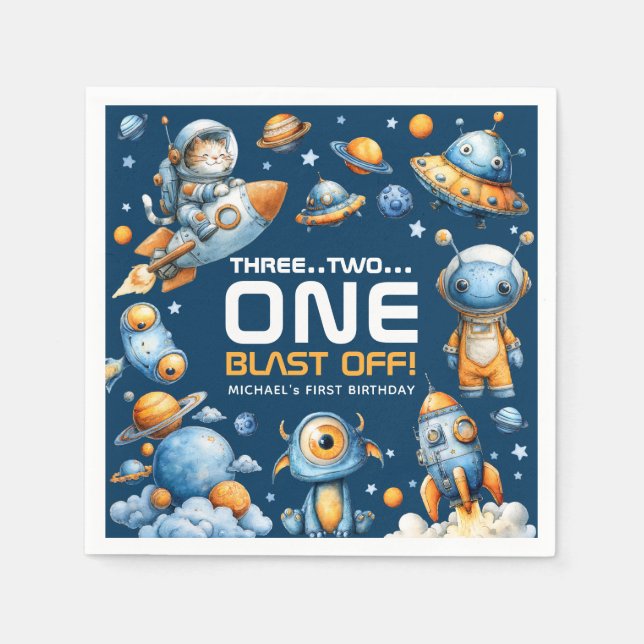 Space Rocket Astronaut Cat Blast Off 1st Birthday Serviette (Vorderseite)