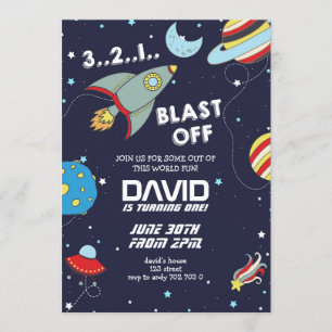 Space Rocket Galaxy Blast Off Boy Birthday Einladung