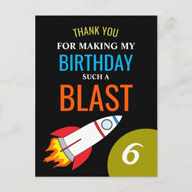 Space Rocket to the Moon Kid's Birthday Danke Postkarte (Vorderseite)