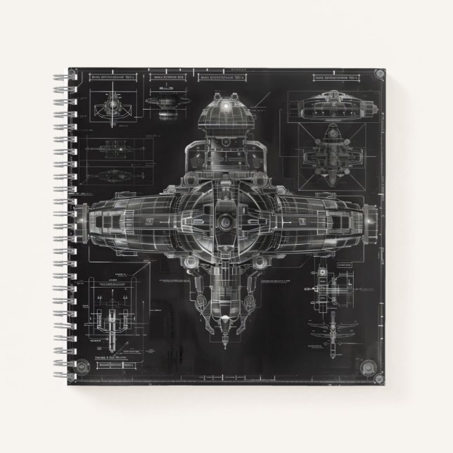 Space Ship Black Blueprint Notizbuch (Vorderseite)