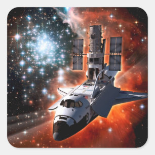 Space Shuttle Atlantis Hubble Telescope Artwork Quadratischer Aufkleber