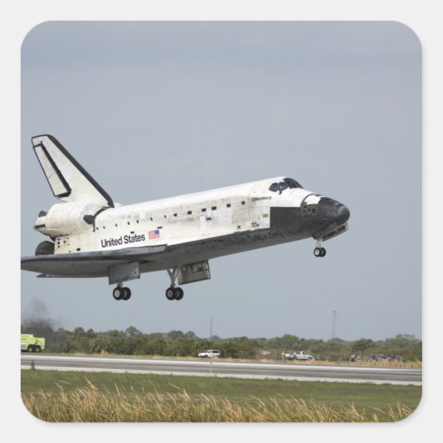 Space Shuttle Discovery geht Landung 3 an Quadratischer Aufkleber (Vorderseite)