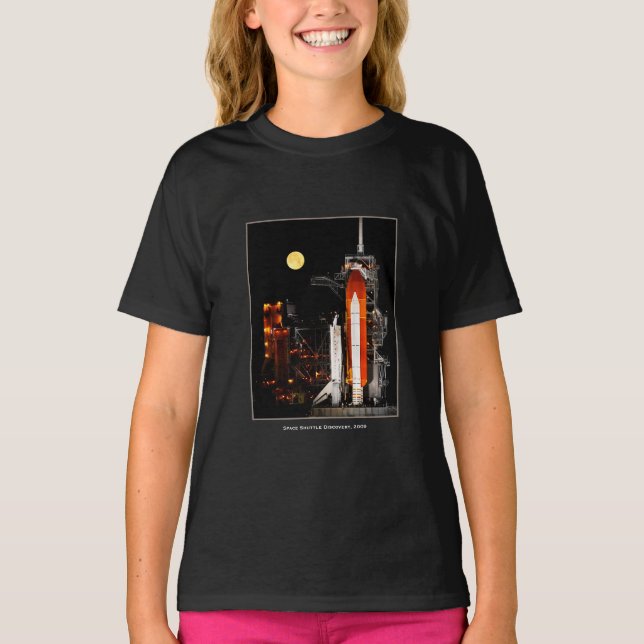 Space Shuttle Discovery und Vollmond in 2009 Girl T-Shirt (Vorderseite)