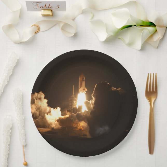 Space Shuttle Earth Orbital Spacecraft Night Canva Pappteller (Hochzeit)