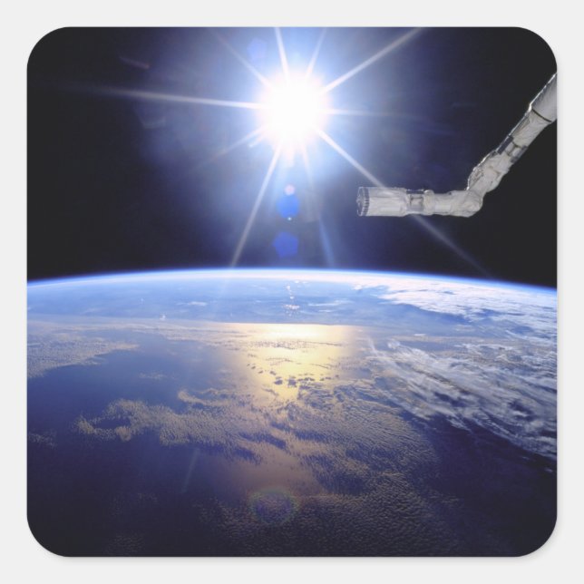 Space Shuttle Robot Arm Earth Orbit Sunburst Quadratischer Aufkleber (Vorderseite)
