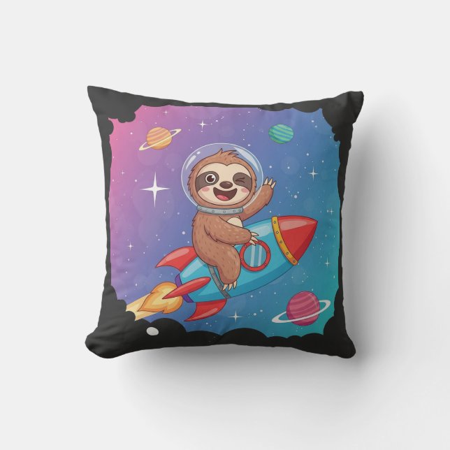 Space Sloth on Rocket – Dreamy Slow Cartoon Vector Kissen (Vorderseite)