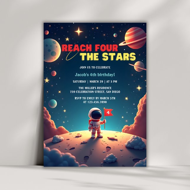 Space Stars Astronaut Junge 4. Geburtstag Einladung (Reach Four The Stars Astronaut Boy 4th Birthday Invitation)