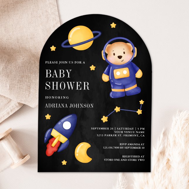 Space Teddy Bear Astronaut Black Arch Baby Dusche Einladung (Von Creator hochgeladen)