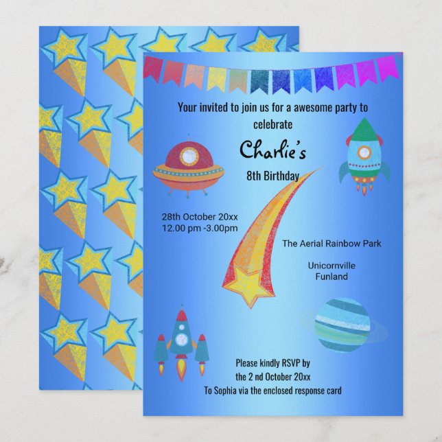 Space Theme Blue Star Birthday Einladung (Vorne/Hinten)