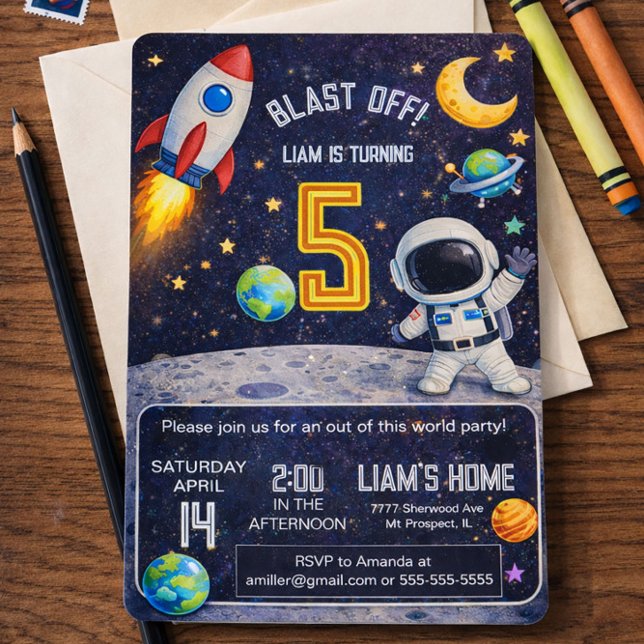 Space Themed Birthday Blast Off Outer Space Einladung (Von Creator hochgeladen)