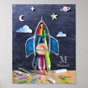 Space Themed Rocket Ship ~ Custom Monogram Kids Poster