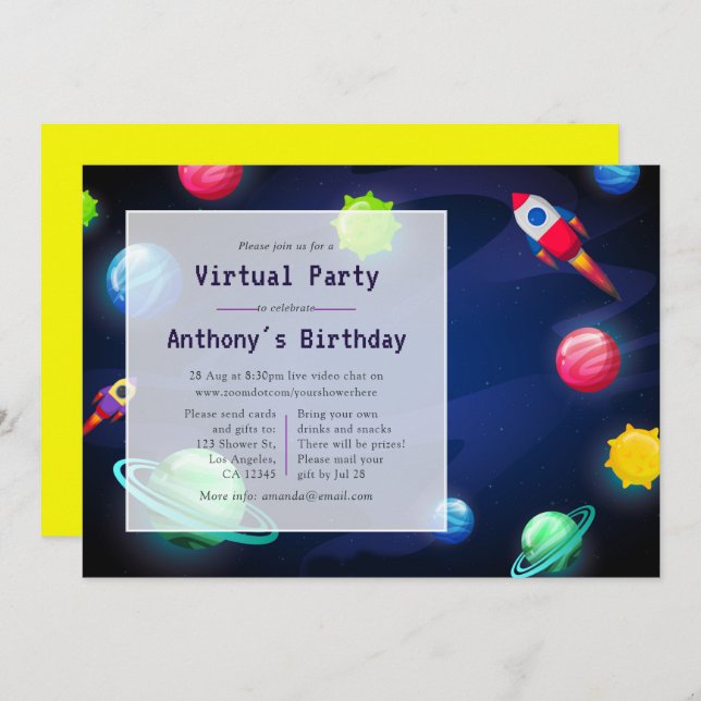 Space Virtual Birthday Party Einladung (Vorne/Hinten)