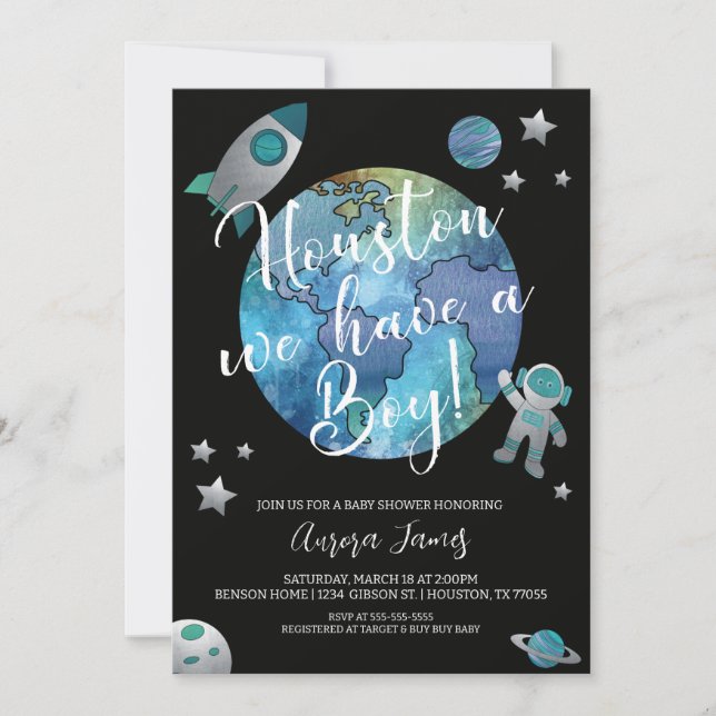 Space Watercolor Baby Dusche Einladung (Vorderseite)