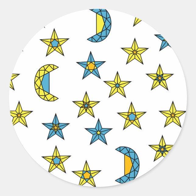 Space Yellow Blue Moon and Stars Jewels Muster Runder Aufkleber (Vorderseite)
