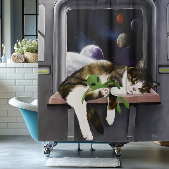 Spaceship Cat Sci-Fi Niedlich Duschvorhang (Von Creator hochgeladen)