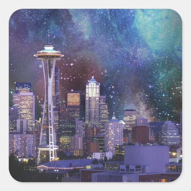 Spacey Seattle Quadratischer Aufkleber (Vorderseite)