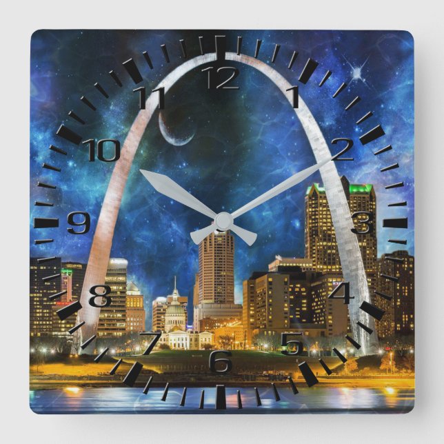 Spacey St. Louis Skyline Wall Clock Quadratische Wanduhr (Vorderseite)