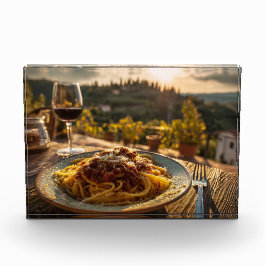 Spaghetti Bolognese auf Weingarten Terrasse Tisch Fotoblock