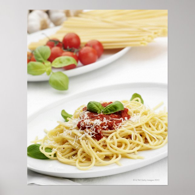 Spaghetti mit Tomatensauce und Basilikum Poster (Vorne)