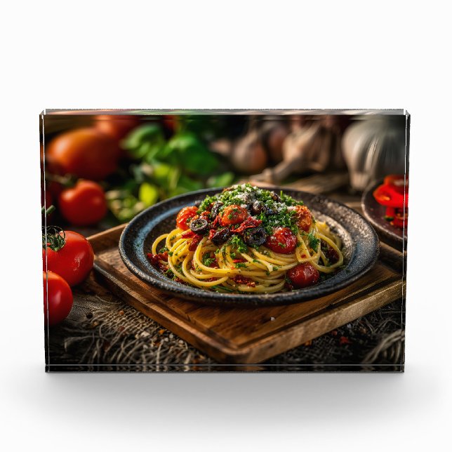 Spaghetti Puttanesca mit frischen Tomaten und Oliv Fotoblock (Vorderseite)