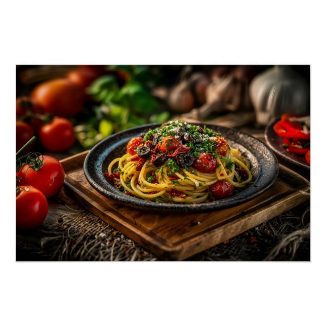 Spaghetti Puttanesca mit frischen Tomaten und Oliv Poster (Vorderseite)
