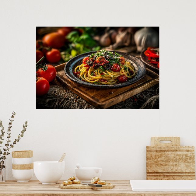 Spaghetti Puttanesca mit frischen Tomaten und Oliv Poster (Küche)