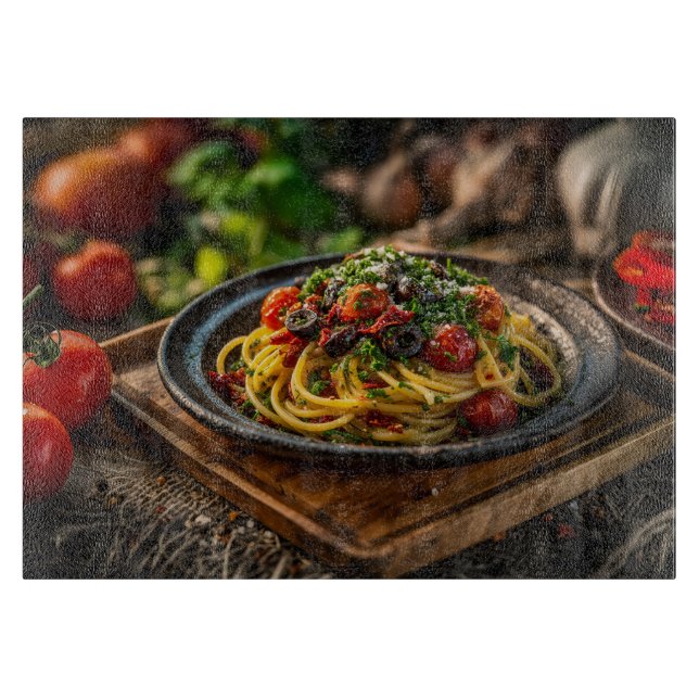 Spaghetti Puttanesca mit frischen Tomaten und Oliv Schneidebrett (Vorderseite)