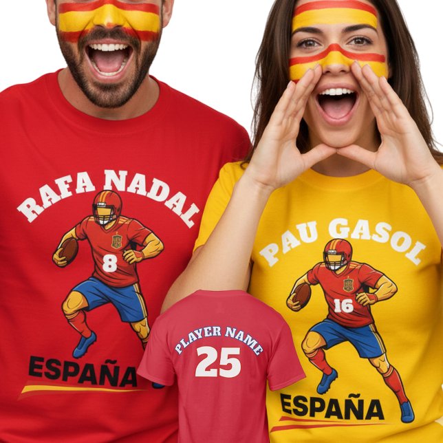 Spain National Gridiron Football Dynamic Action  T-Shirt (Use Personalized to change color/font.
Choose a color that matches the background color of shirt)